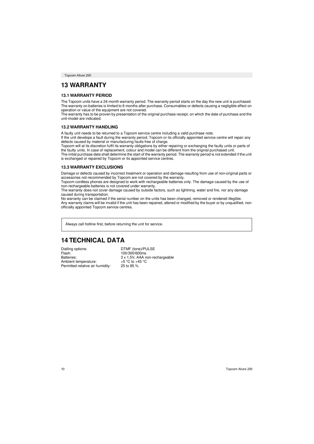 Topcom ALLURE 200 user manual Warranty, Technical Data 