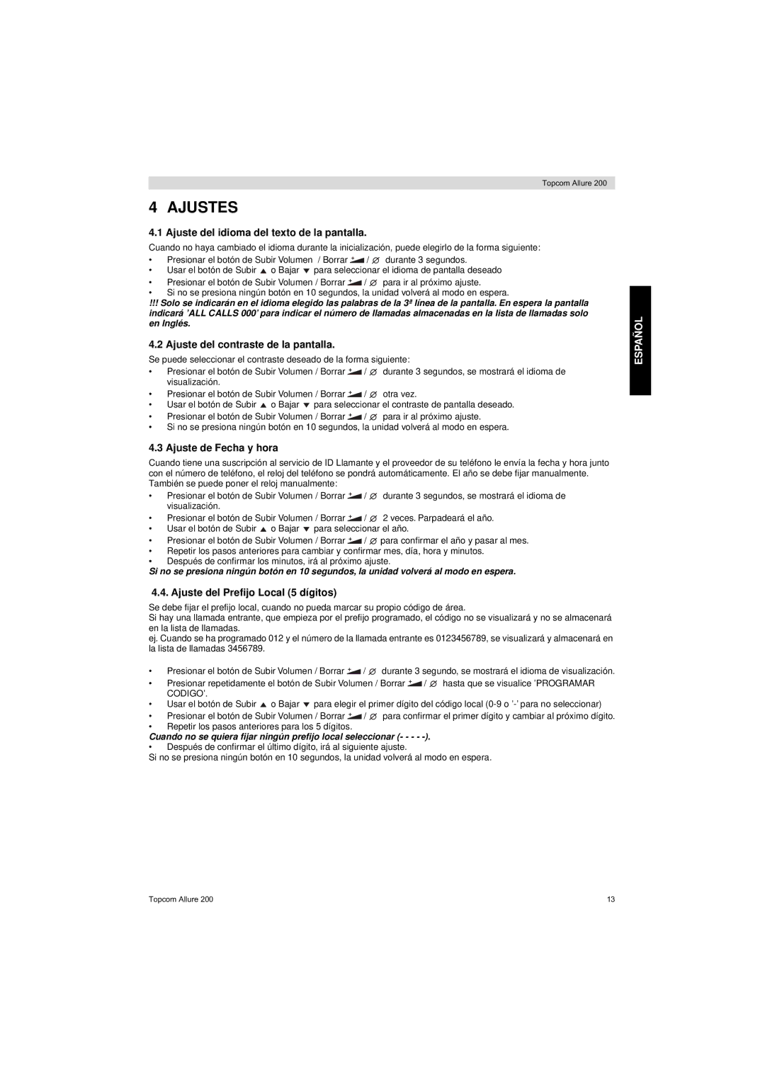 Topcom ALLURE 200 user manual Ajustes, Ajuste del idioma del texto de la pantalla, Ajuste del contraste de la pantalla 