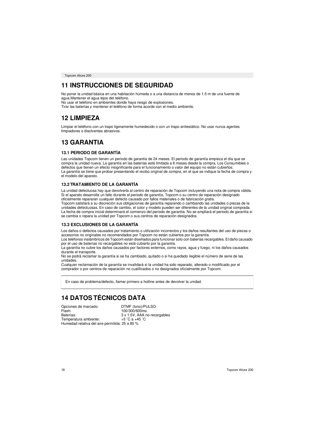 Topcom ALLURE 200 user manual Instrucciones DE Seguridad, Limpieza, Garantia, Datos Técnicos Data 