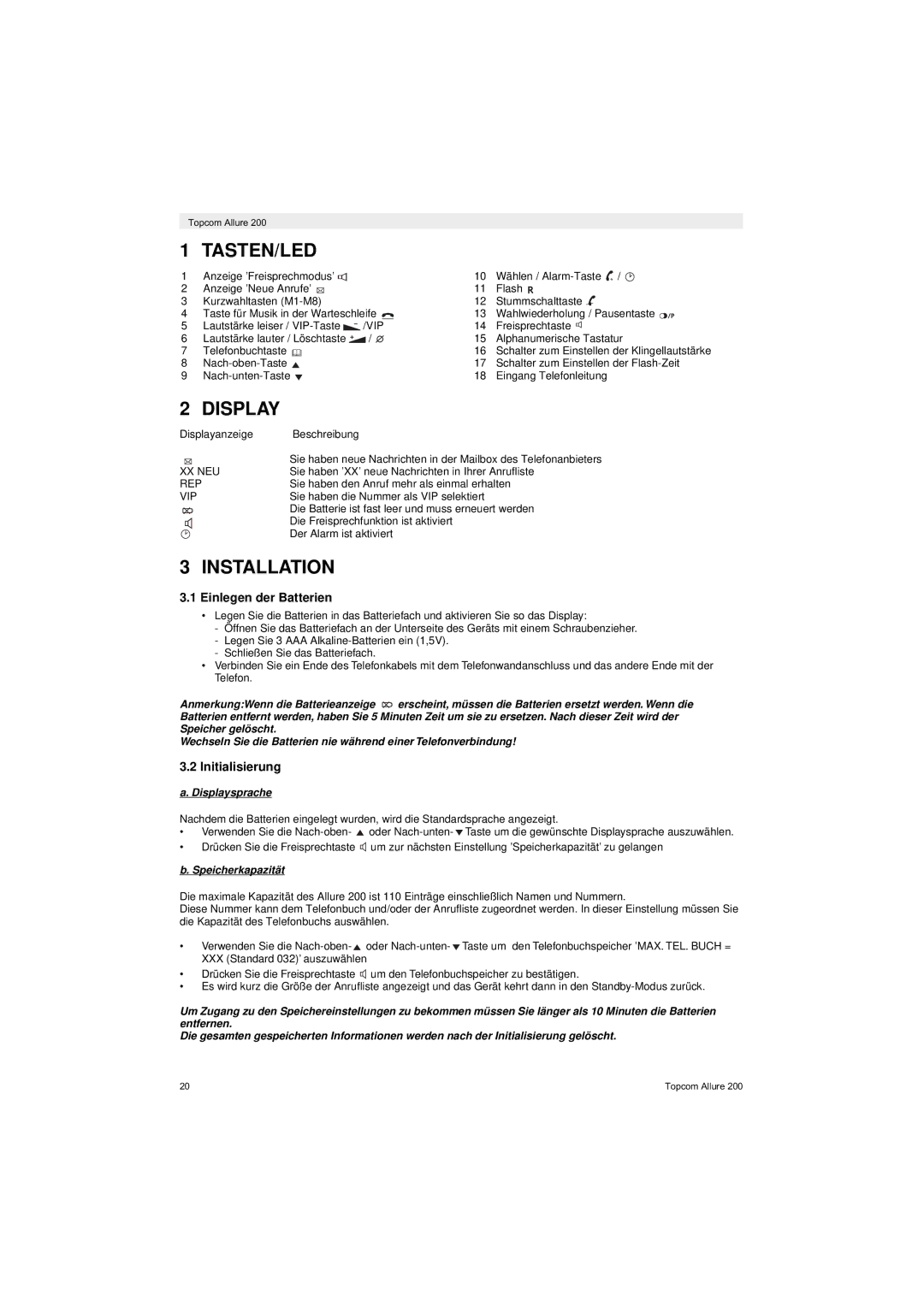 Topcom ALLURE 200 user manual Tasten/Led, Einlegen der Batterien, Initialisierung, Displaysprache, Speicherkapazität 