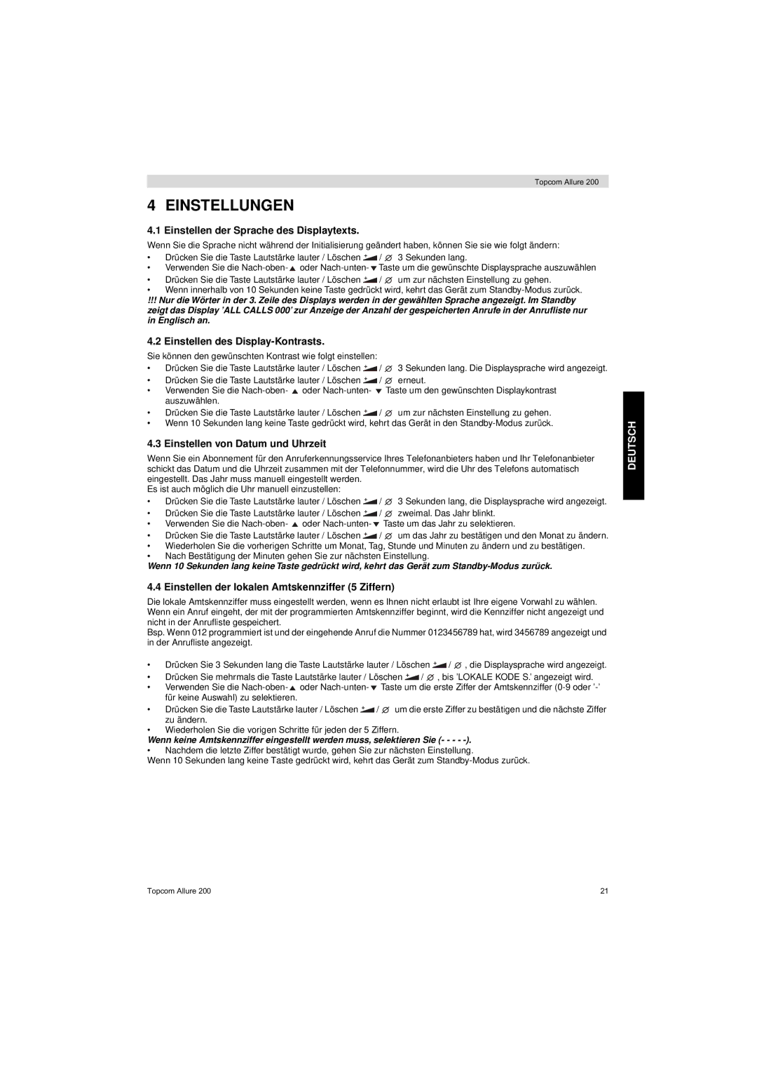 Topcom ALLURE 200 user manual Einstellungen, Einstellen der Sprache des Displaytexts, Einstellen des Display-Kontrasts 