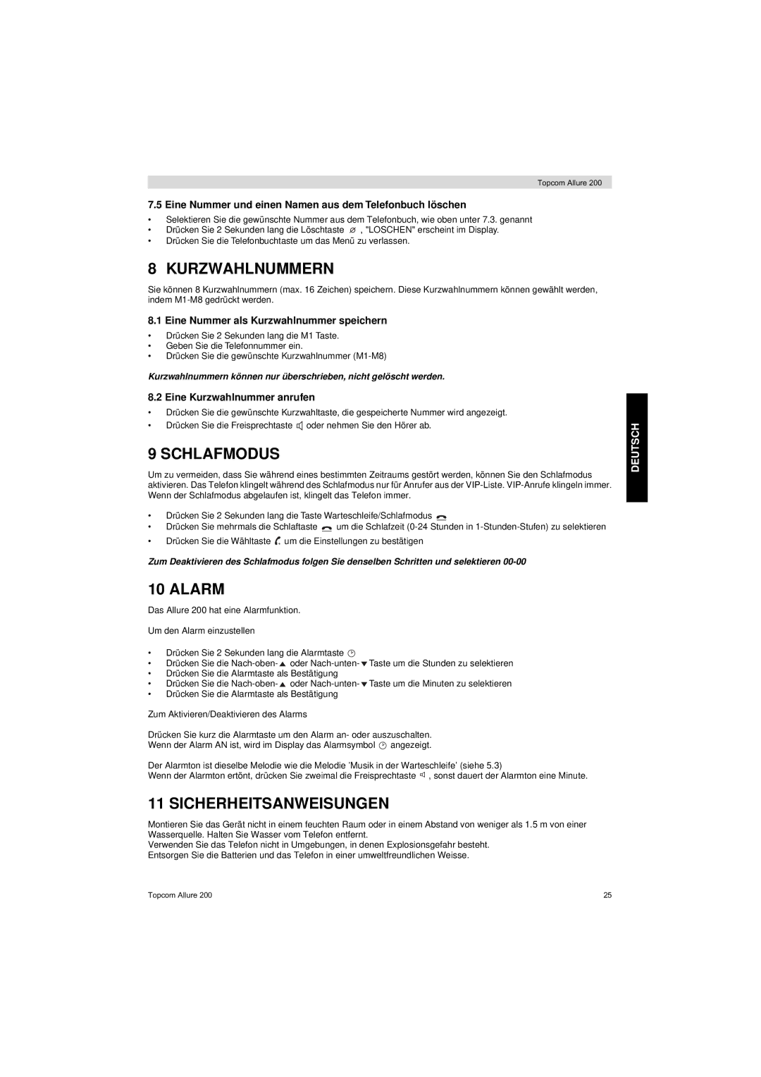 Topcom ALLURE 200 user manual Kurzwahlnummern, Schlafmodus, Sicherheitsanweisungen 