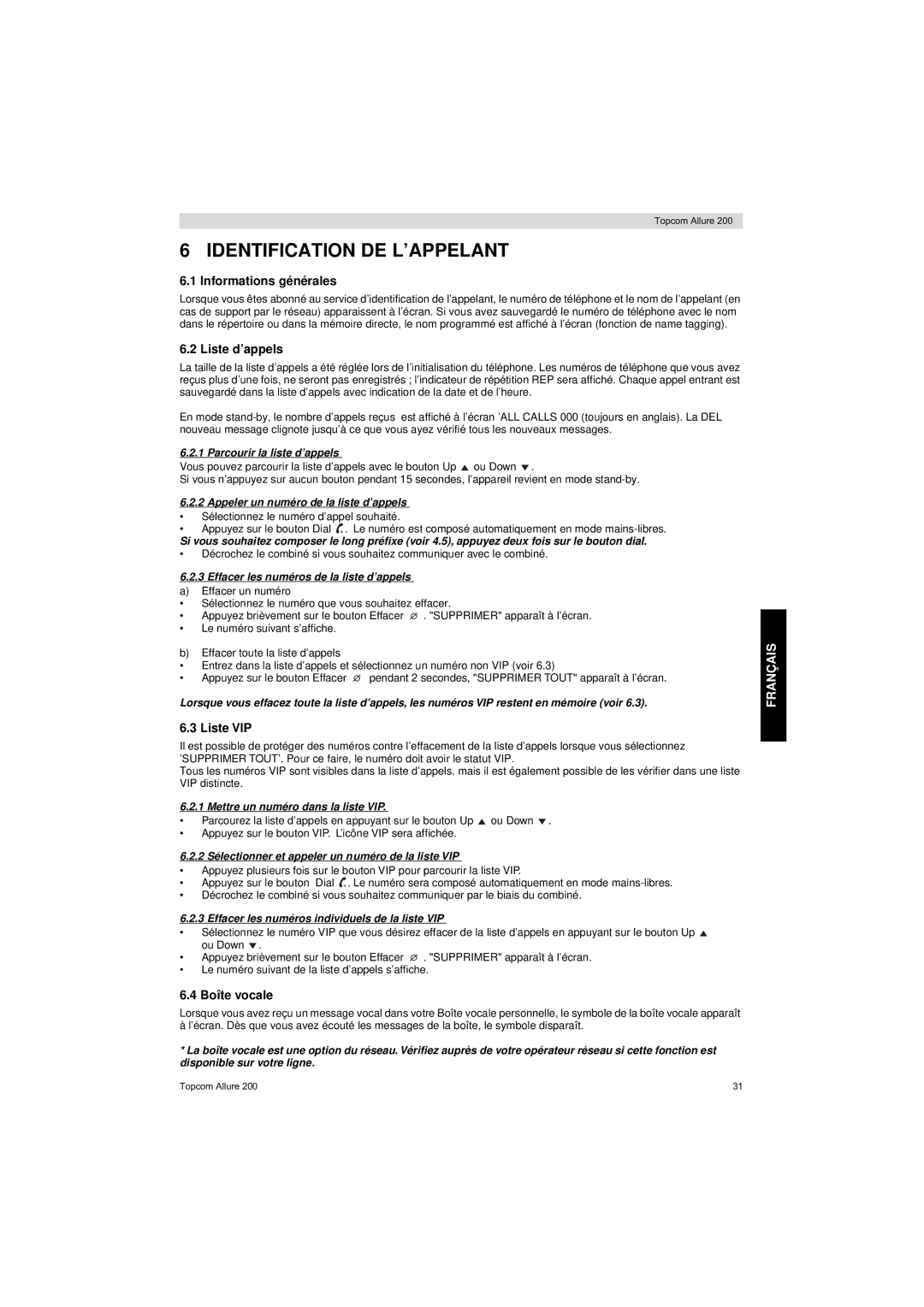 Topcom ALLURE 200 user manual Identification DE L’APPELANT, Informations générales, Liste d’appels, Liste VIP, Boîte vocale 