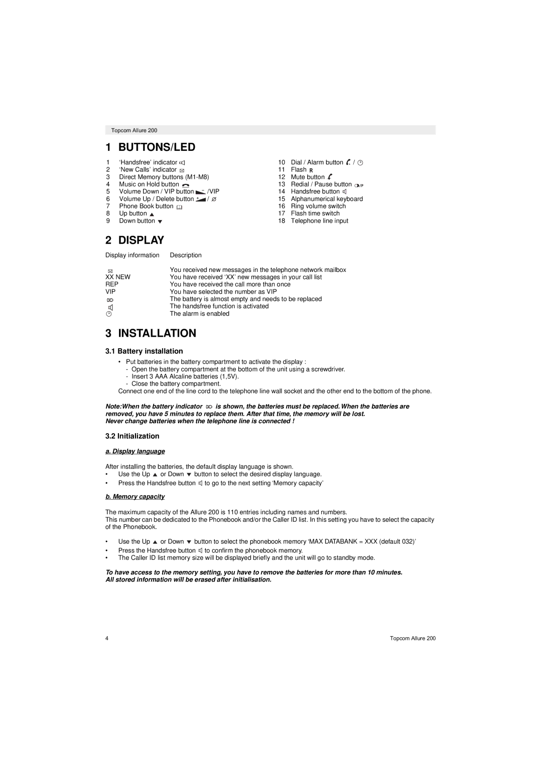 Topcom ALLURE 200 user manual Buttons/Led, Display, Installation, Battery installation, Initialization 