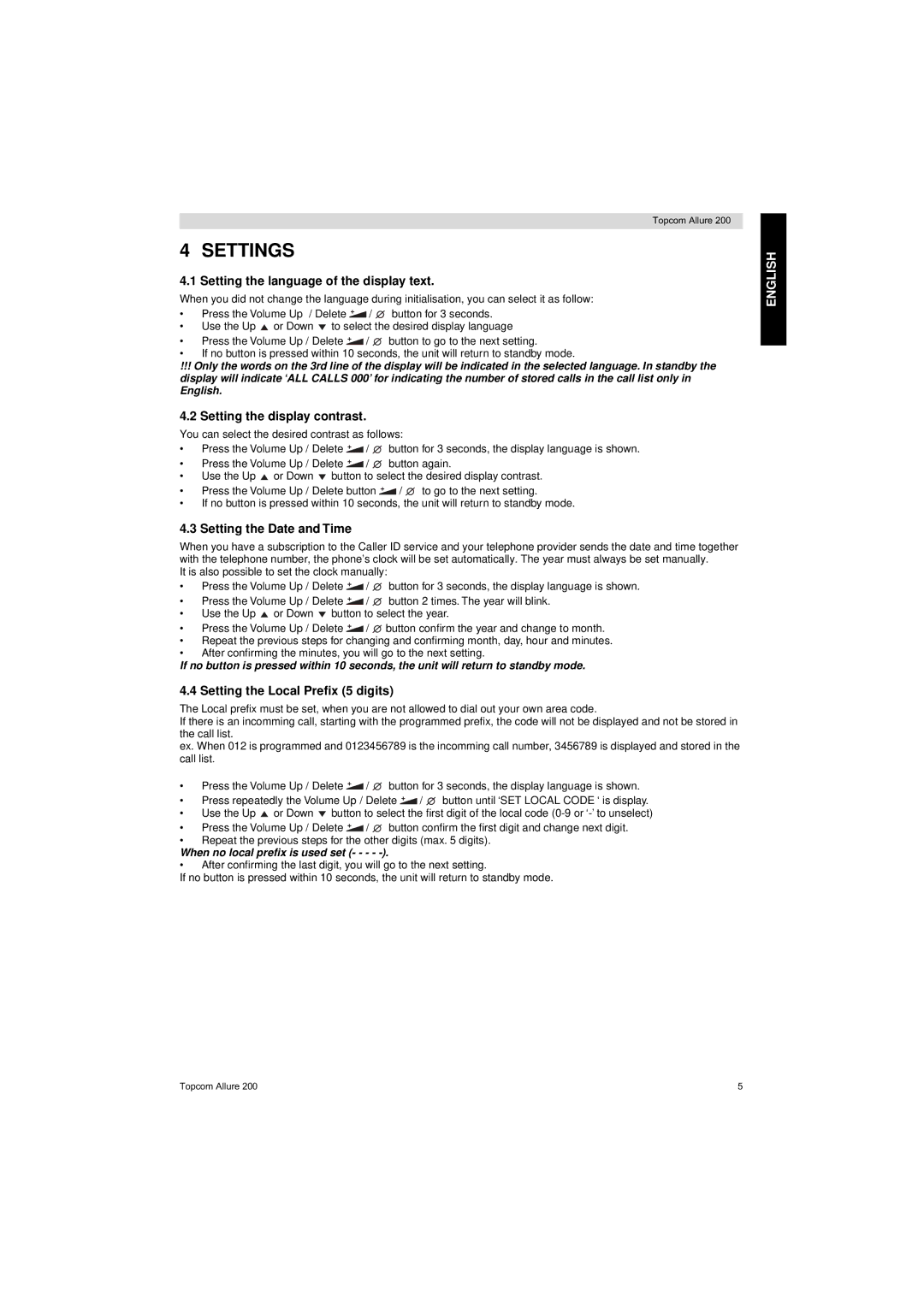 Topcom ALLURE 200 user manual Settings, Setting the language of the display text, Setting the display contrast 