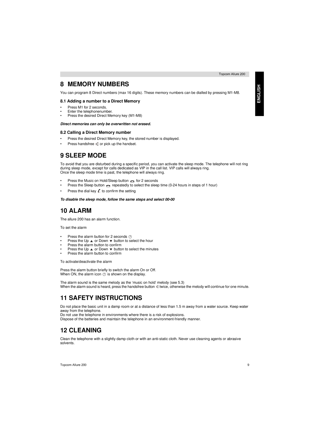 Topcom ALLURE 200 user manual Memory Numbers, Sleep Mode, Alarm, Safety Instructions, Cleaning 