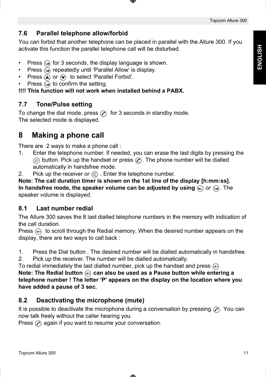 Topcom ALLURE 300 manual Making a phone call, Parallel telephone allow/forbid, Tone/Pulse setting, Last number redial 