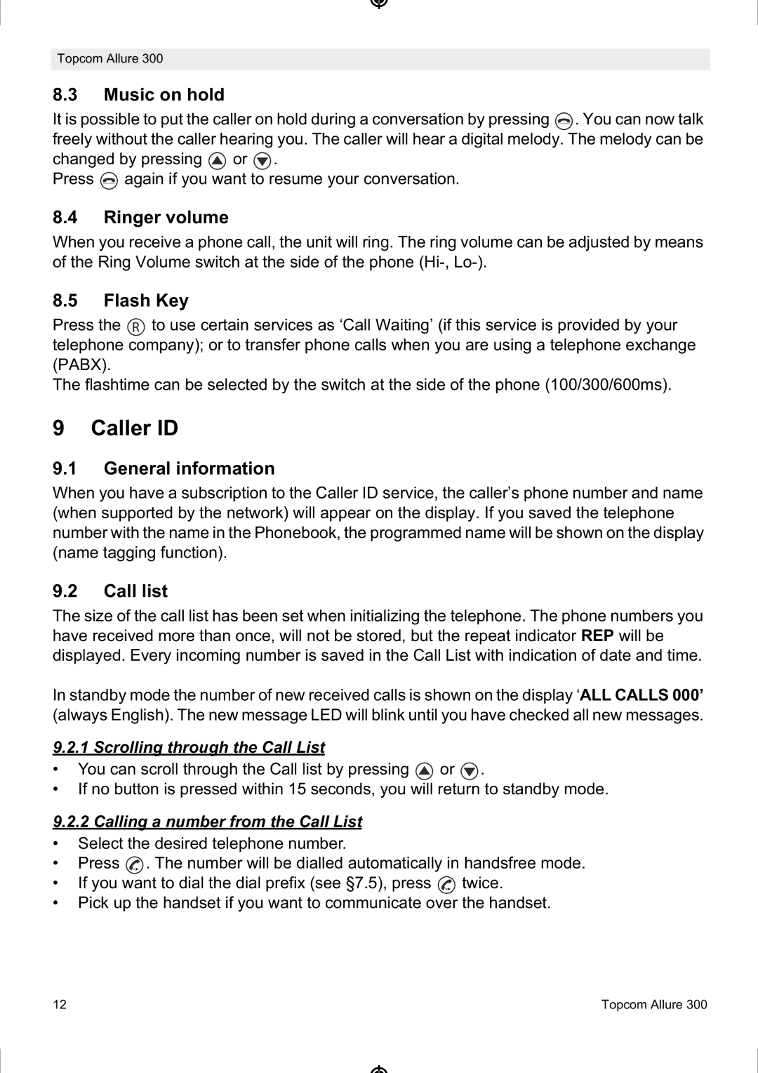 Topcom ALLURE 300 manual Caller ID 