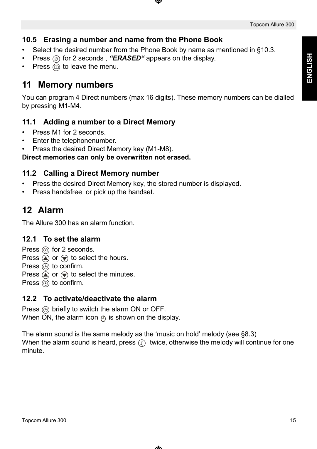 Topcom ALLURE 300 manual Memory numbers, Alarm 