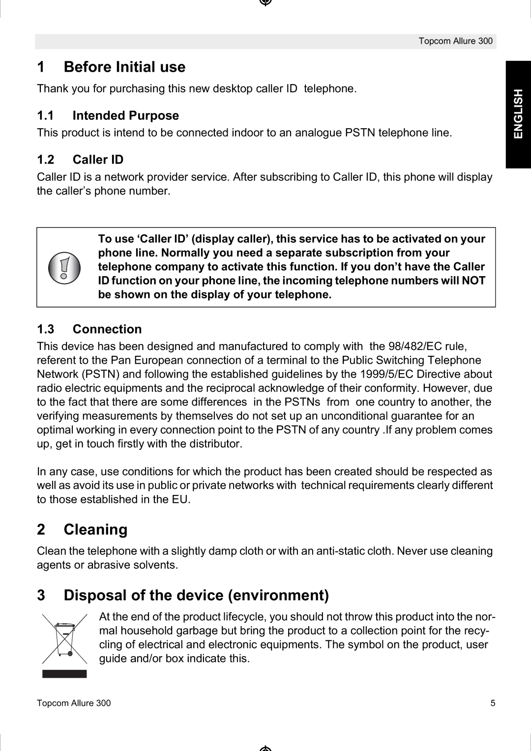 Topcom ALLURE 300 manual Before Initial use, Cleaning, Disposal of the device environment 