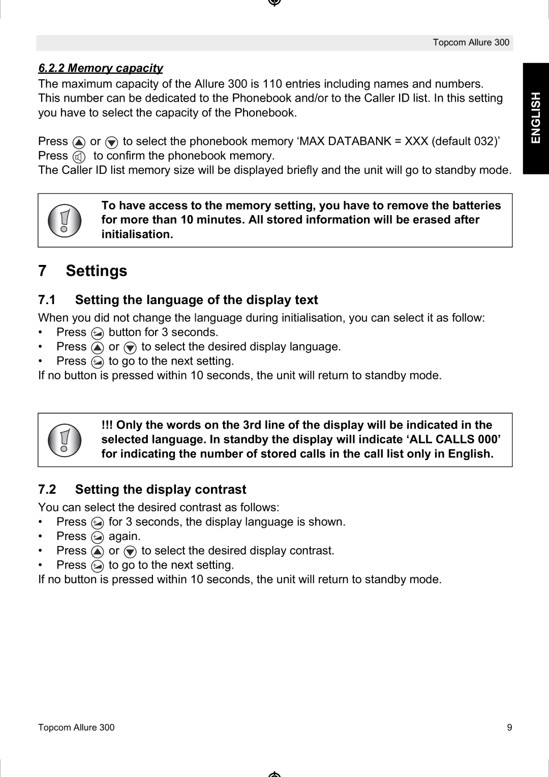 Topcom ALLURE 300 manual Settings, Setting the language of the display text, Setting the display contrast 