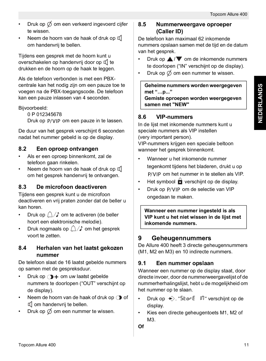 Topcom Allure 400 manual do utilizador Geheugennummers 