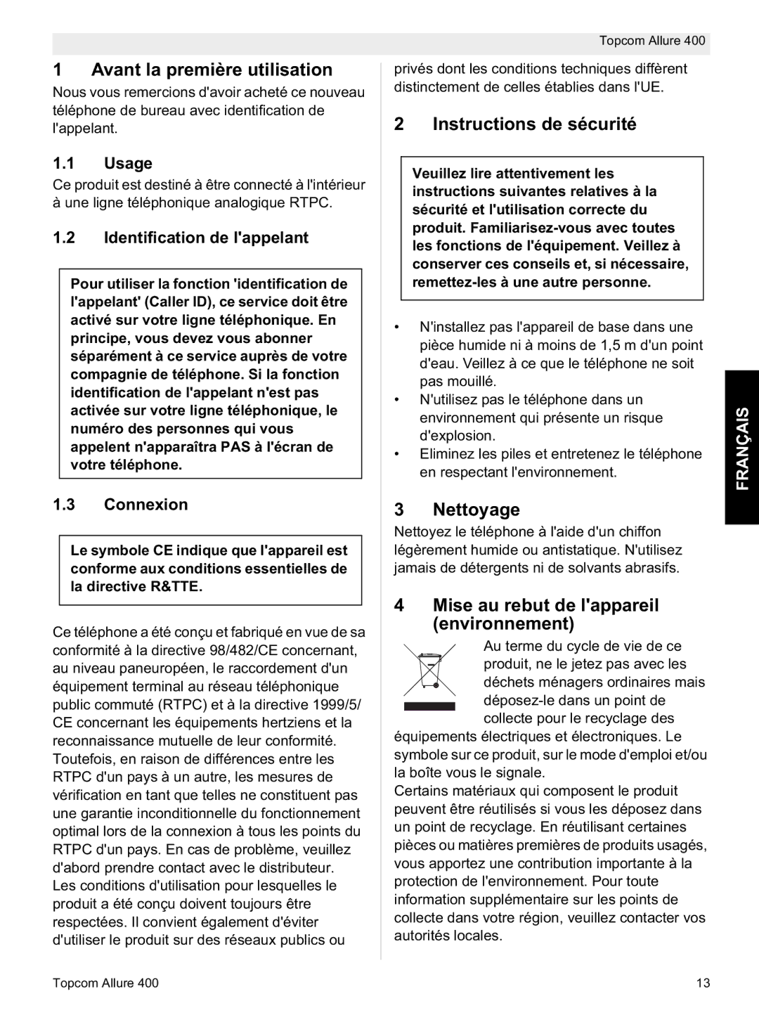 Topcom Allure 400 manual do utilizador Avant la première utilisation, Instructions de sécurité, Nettoyage, Français 