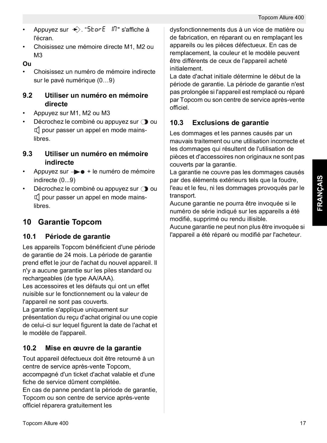 Topcom Allure 400 manual do utilizador Garantie Topcom 