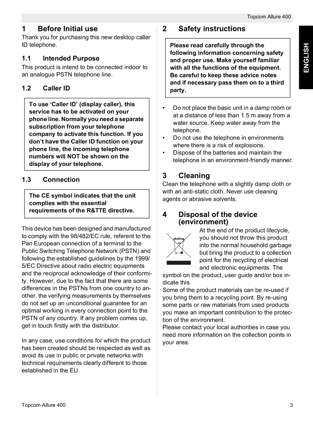 Topcom Allure 400 Before Initial use, Safety instructions, Cleaning, Disposal of the device environment, English 