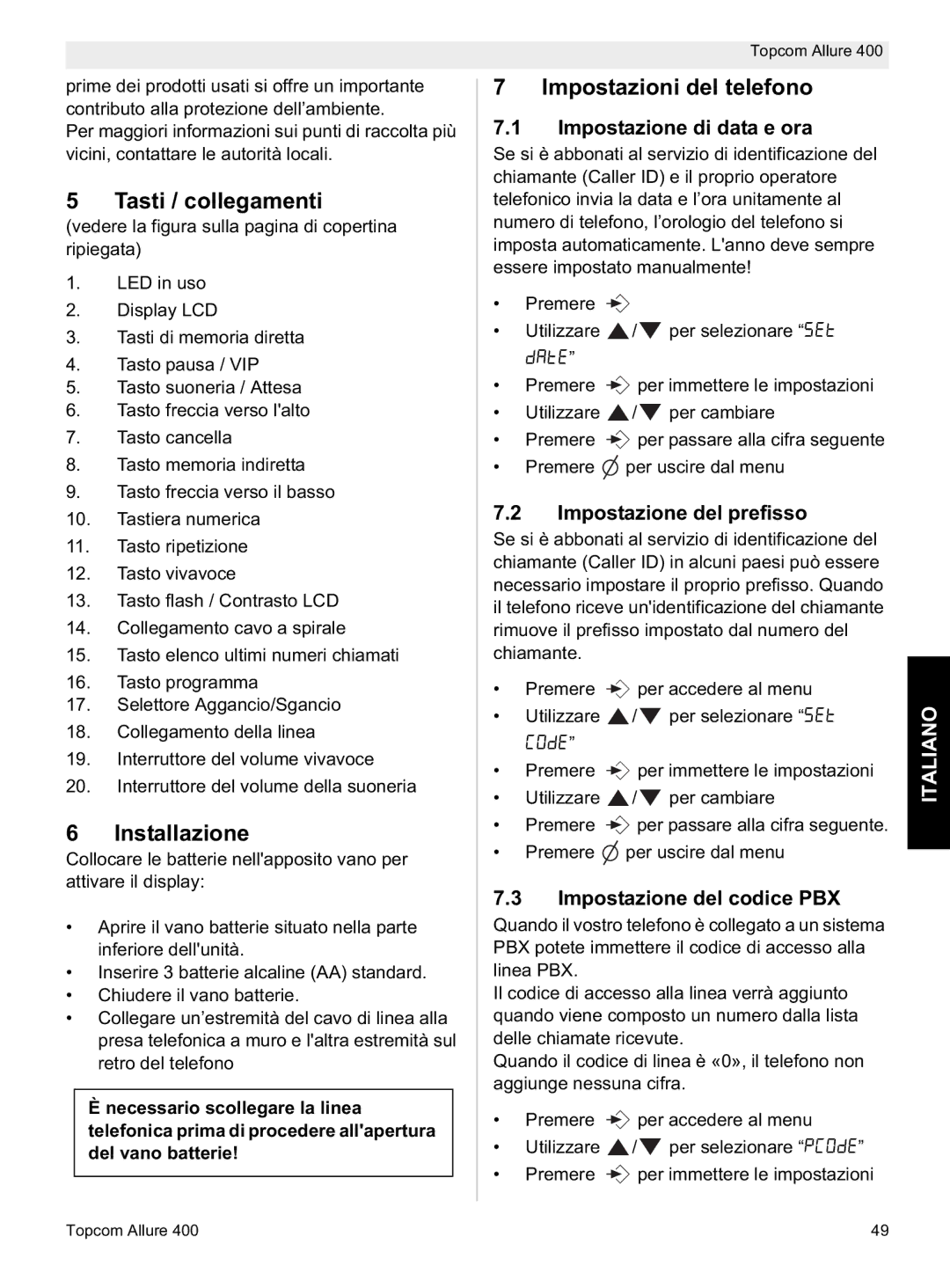 Topcom Allure 400 manual do utilizador Impostazioni del telefono, Tasti / collegamenti, Installazione, Italiano 