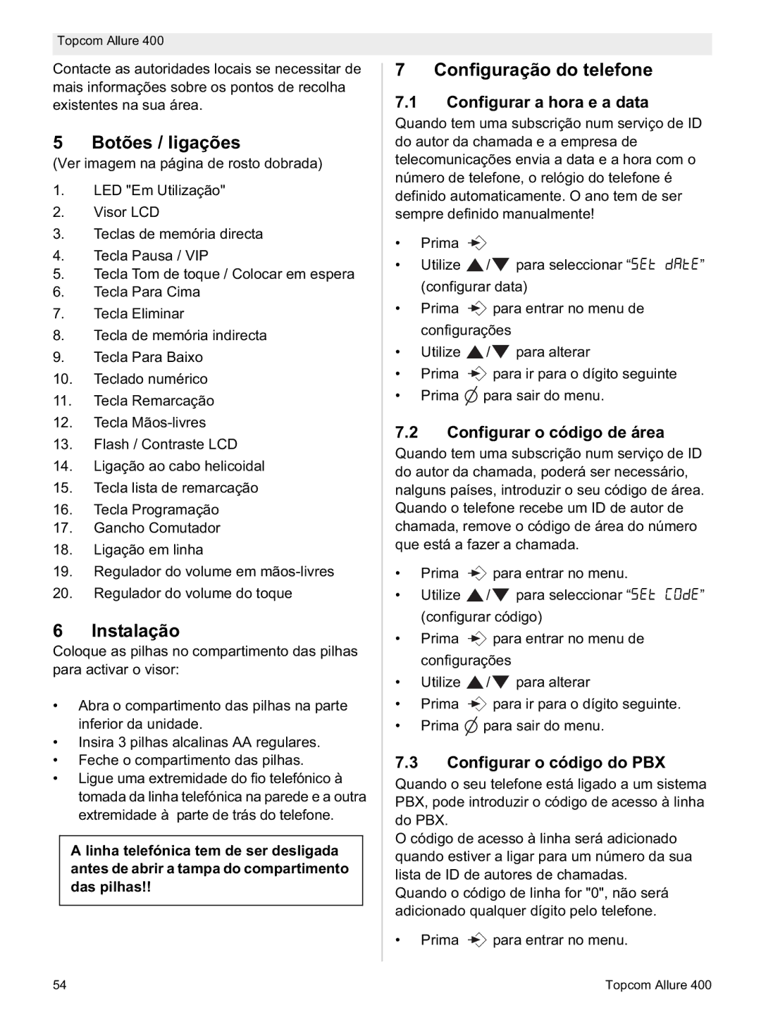 Topcom Allure 400 manual do utilizador Botões / ligações, Instalação, Configuração do telefone 