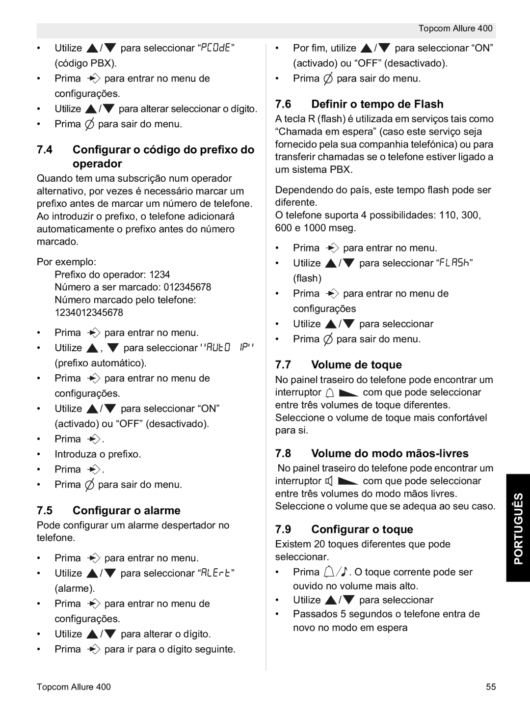 Topcom Allure 400 Configurar o código do prefixo do operador, Configurar o alarme, Definir o tempo de Flash 