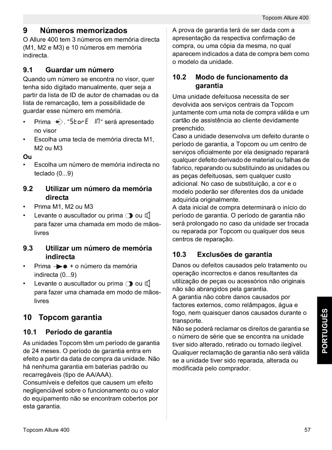 Topcom Allure 400 manual do utilizador Números memorizados, Topcom garantia 