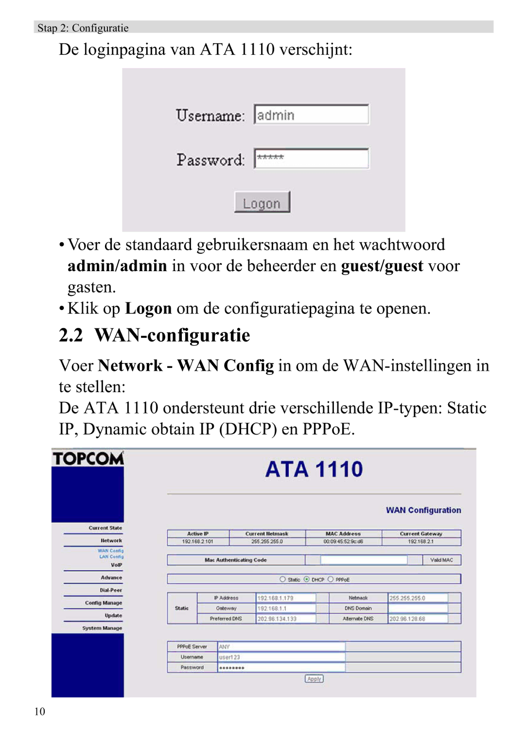 Topcom ATA 1110 manual WAN-configuratie 