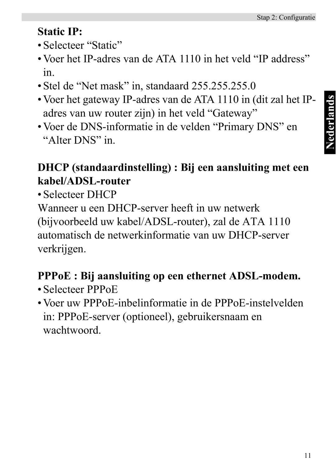 Topcom ATA 1110 manual PPPoE Bij aansluiting op een ethernet ADSL-modem 