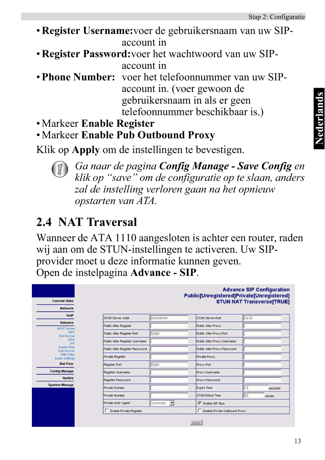 Topcom ATA 1110 manual Markeer Enable Register Markeer Enable Pub Outbound Proxy 