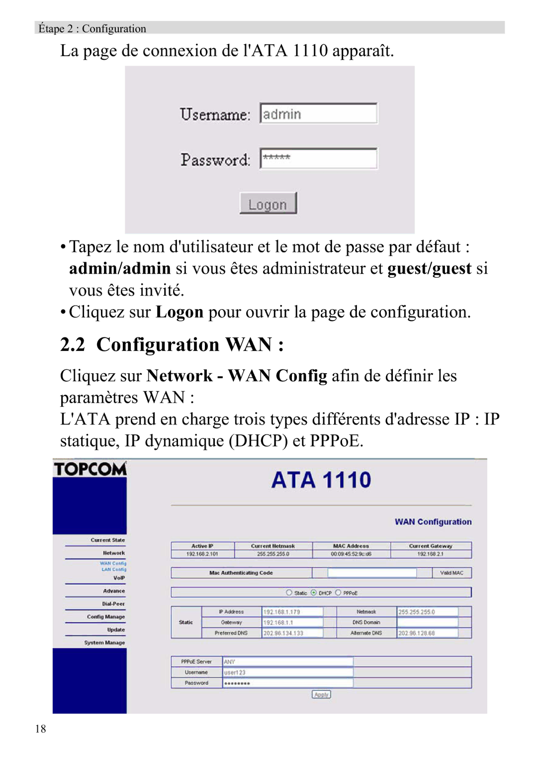 Topcom ATA 1110 manual Configuration WAN 