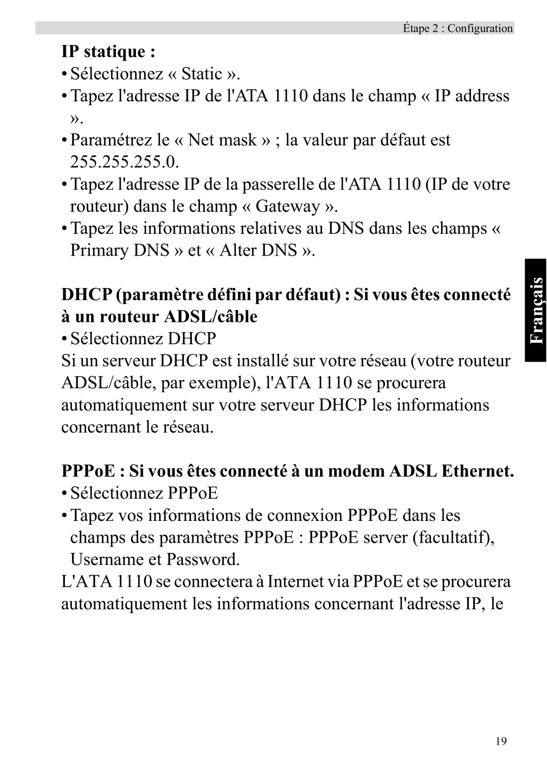 Topcom ATA 1110 manual IP statique 