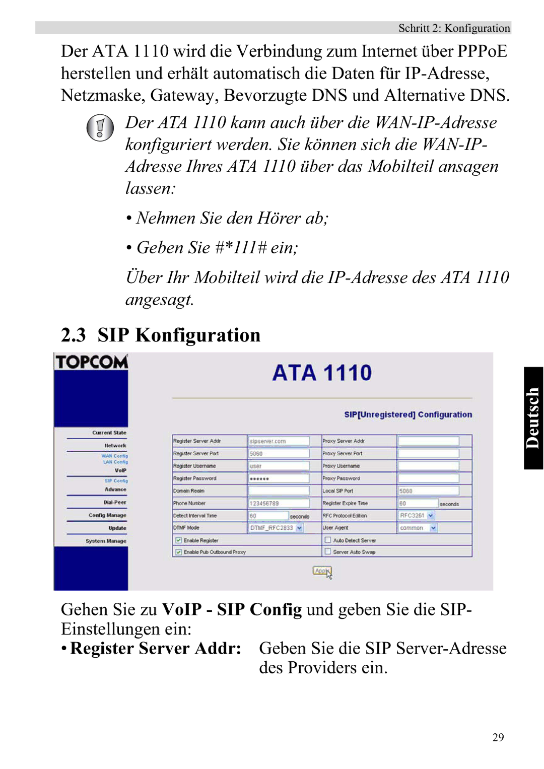 Topcom ATA 1110 manual SIP Konfiguration 