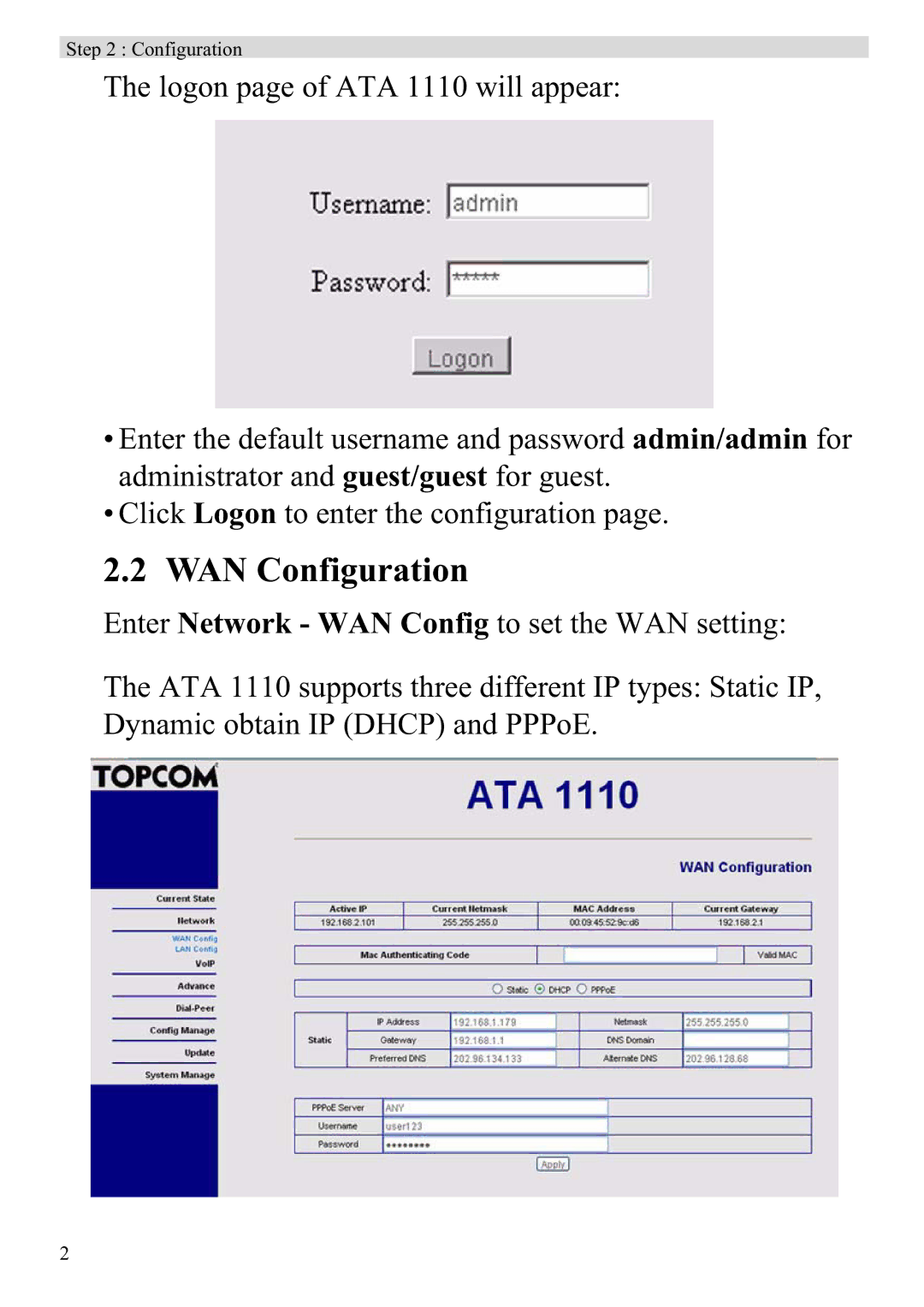 Topcom ATA 1110 manual WAN Configuration 