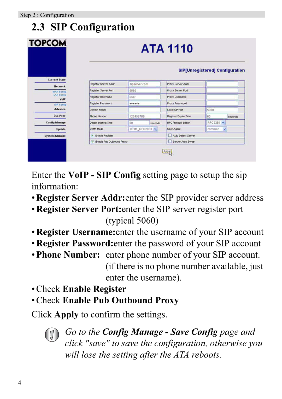 Topcom ATA 1110 manual SIP Configuration 