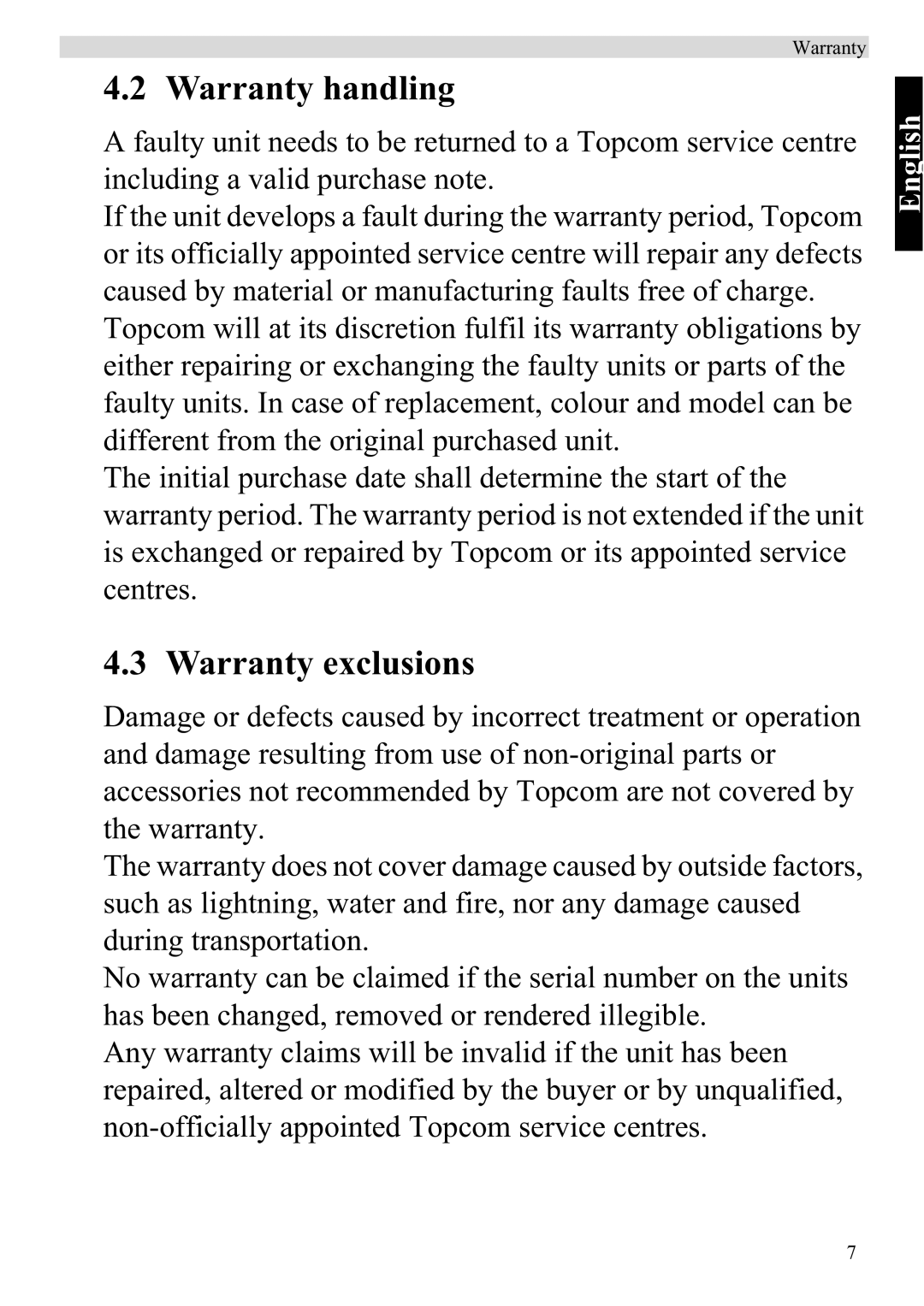 Topcom ATA 1110 manual Warranty handling, Warranty exclusions 