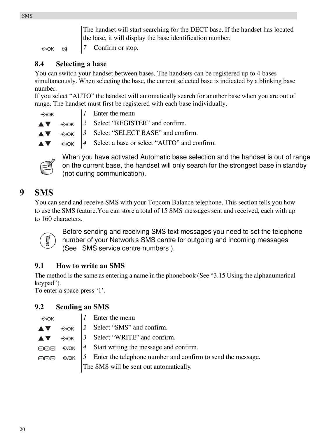 Topcom Balance warranty Selecting a base, How to write an SMS, Sending an SMS 