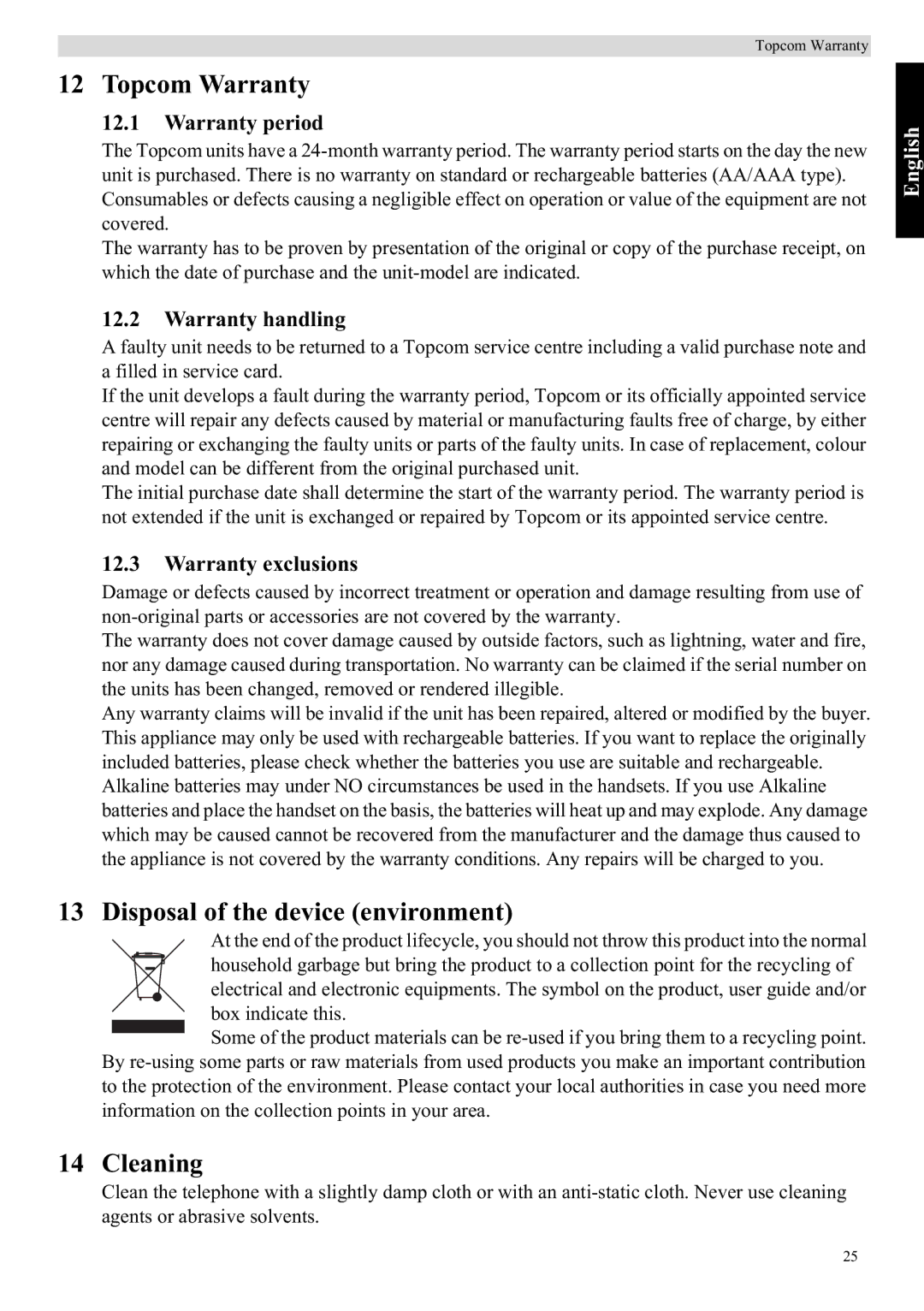 Topcom Balance warranty Topcom Warranty, Disposal of the device environment, Cleaning 