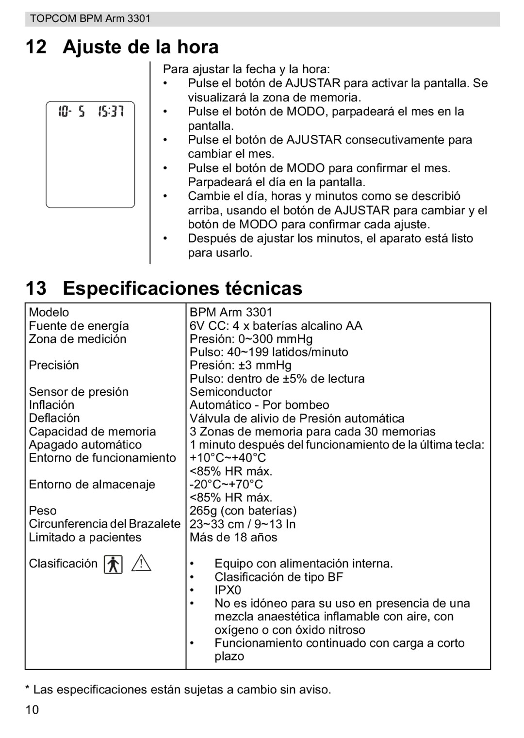 Topcom BPM ARM 3301 manual do utilizador Ajuste de la hora, Especificaciones técnicas 