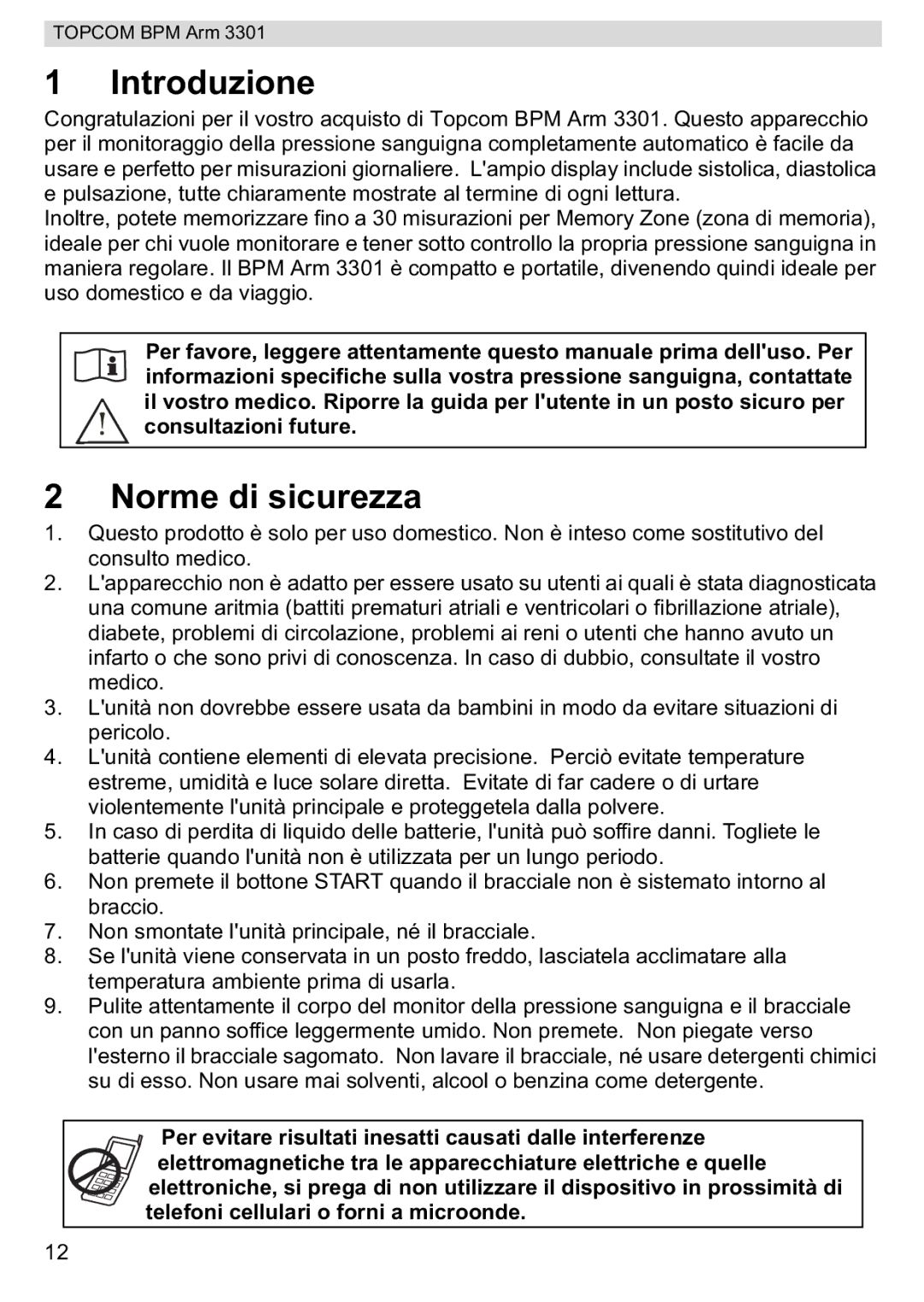 Topcom BPM ARM 3301 manual do utilizador Introduzione, Norme di sicurezza 