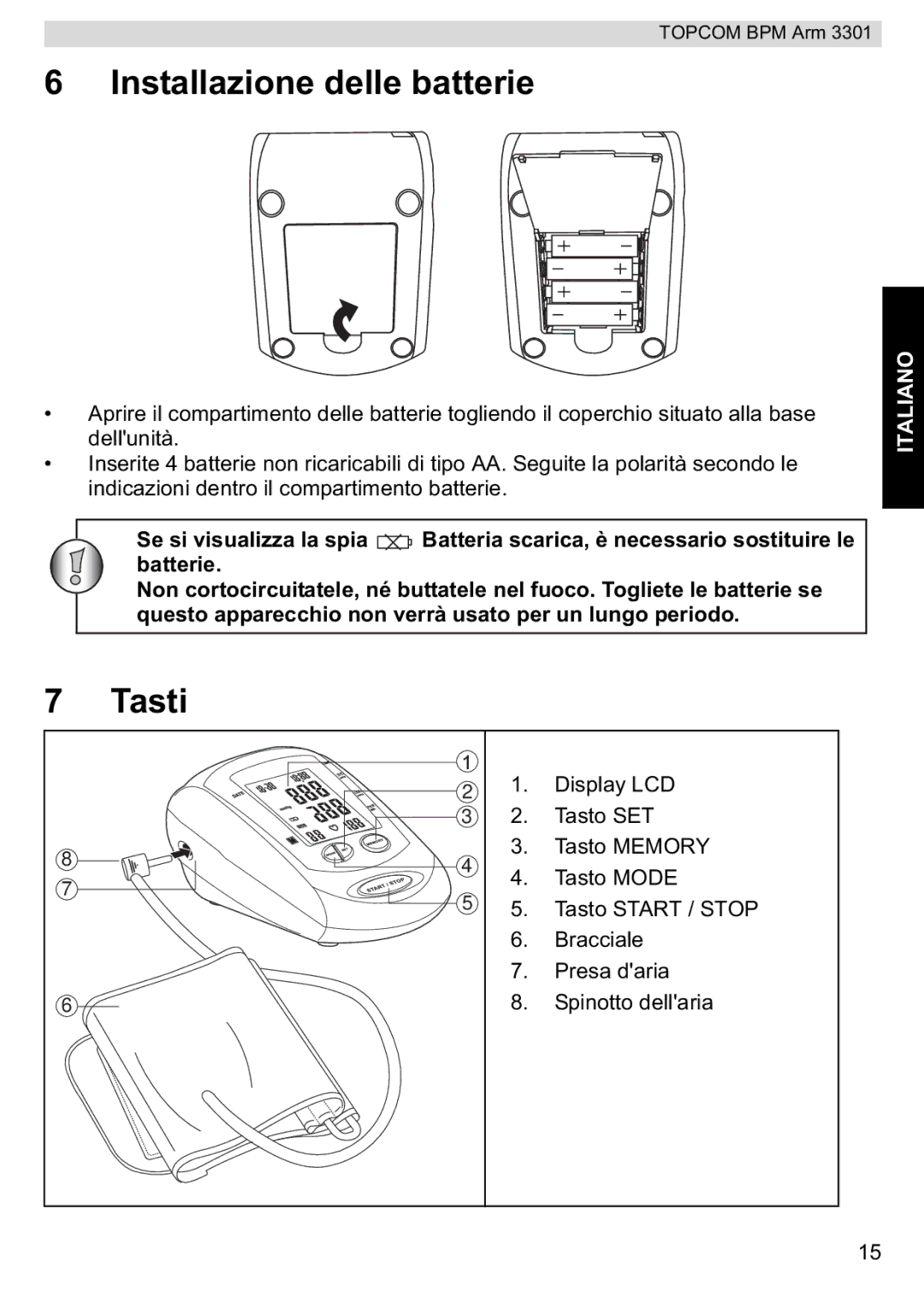 Topcom BPM ARM 3301 manual do utilizador Installazione delle batterie, Tasti 