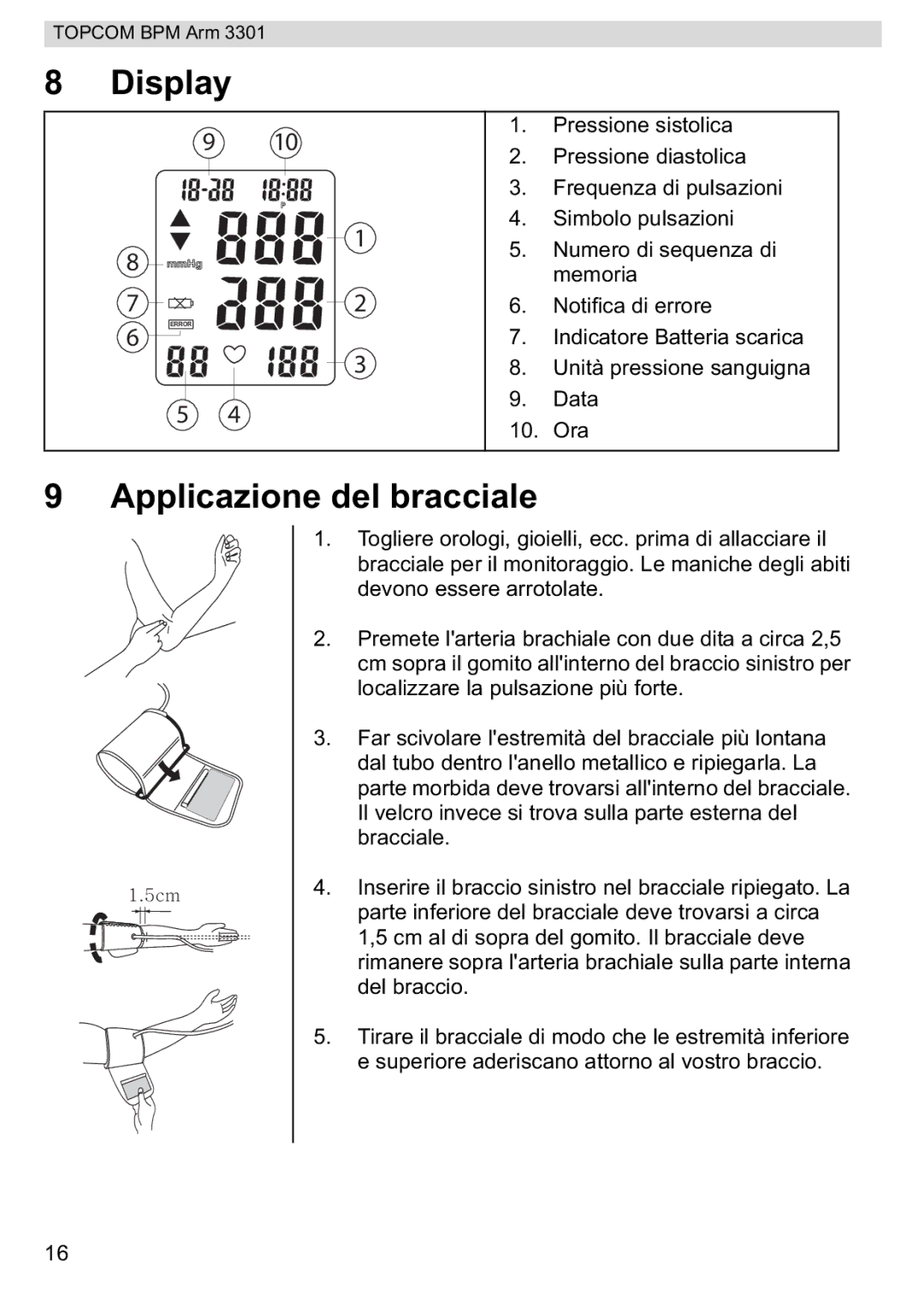 Topcom BPM ARM 3301 manual do utilizador Display, Applicazione del bracciale 