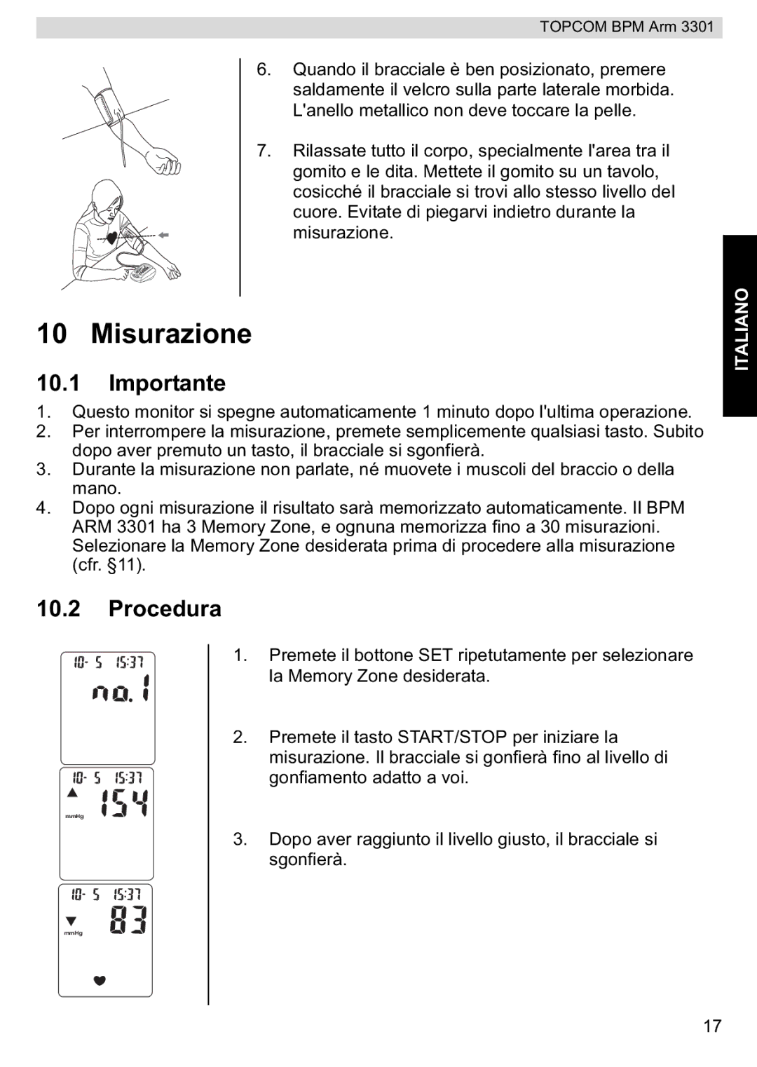 Topcom BPM ARM 3301 manual do utilizador Misurazione, Procedura 