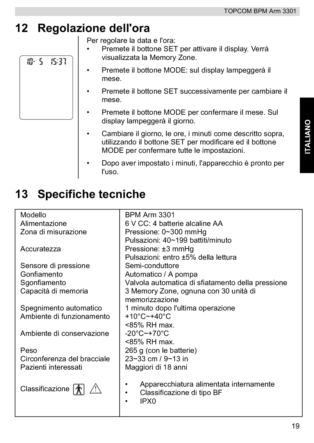 Topcom BPM ARM 3301 manual do utilizador Regolazione dellora, Specifiche tecniche 