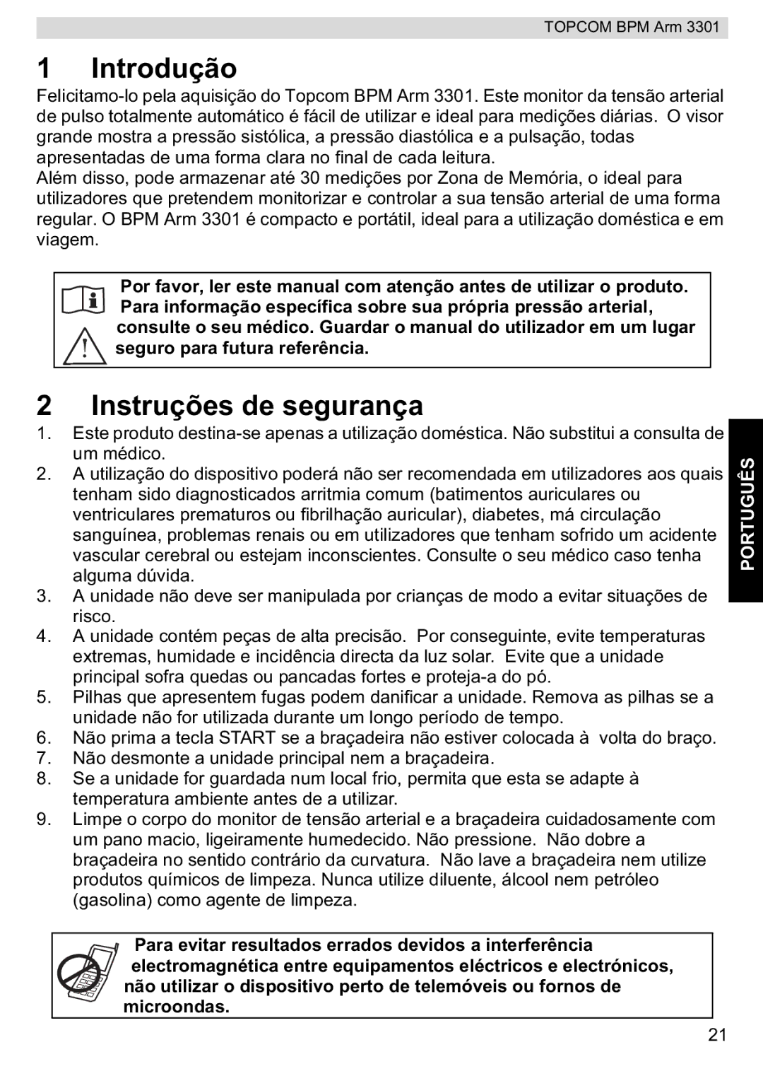 Topcom BPM ARM 3301 manual do utilizador Introdução, Instruções de segurança 