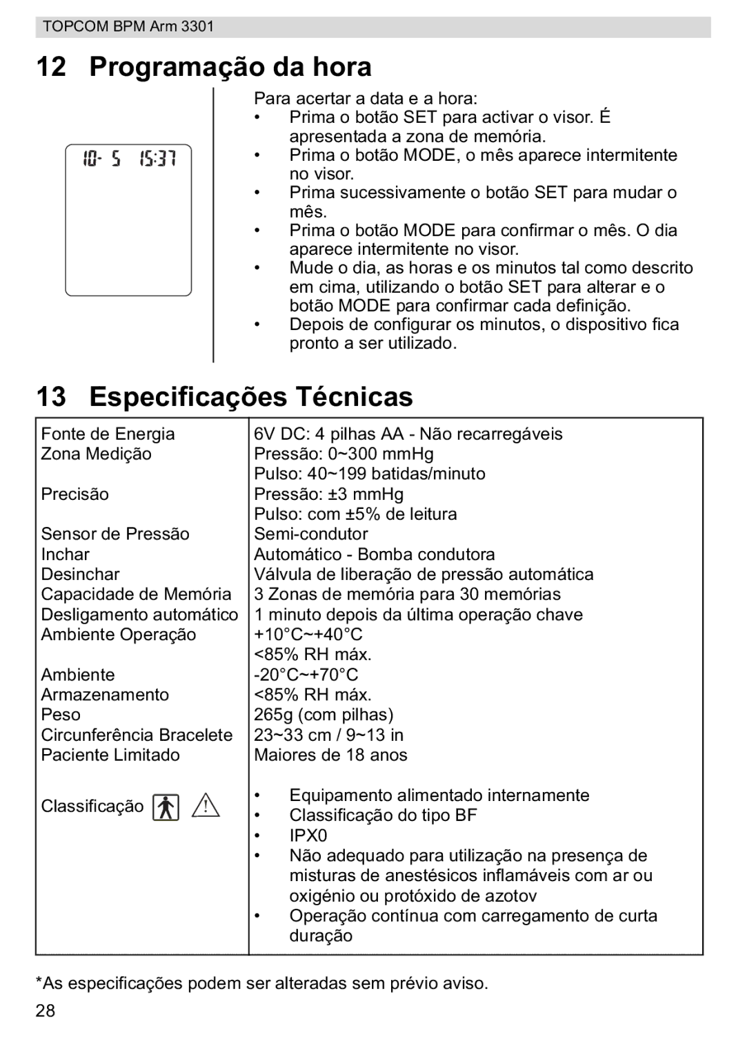 Topcom BPM ARM 3301 manual do utilizador Programação da hora, Especificações Técnicas 