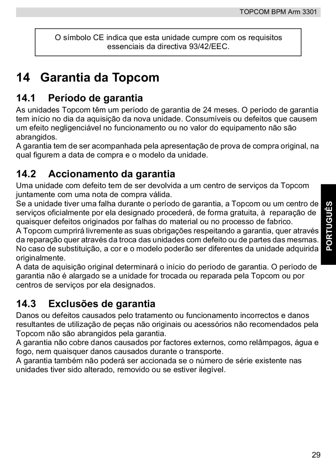 Topcom BPM ARM 3301 Garantia da Topcom, 14.1 Período de garantia, Accionamento da garantia, Exclusões de garantia 