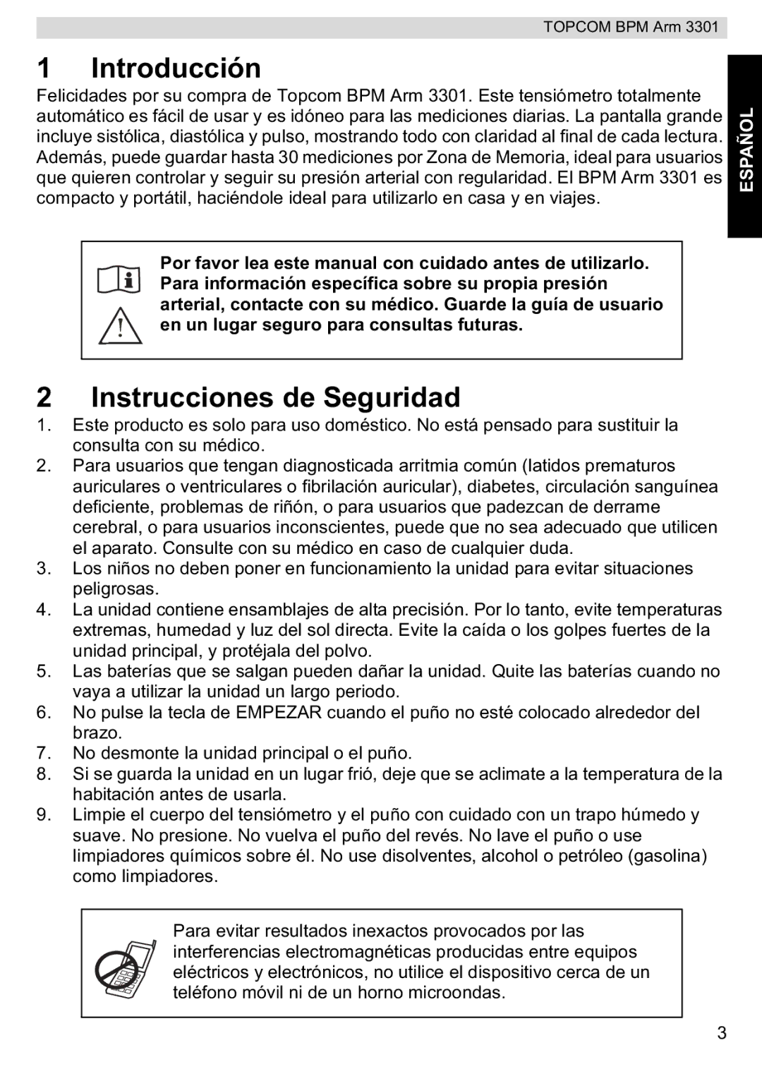 Topcom BPM ARM 3301 manual do utilizador Introducción, Instrucciones de Seguridad 