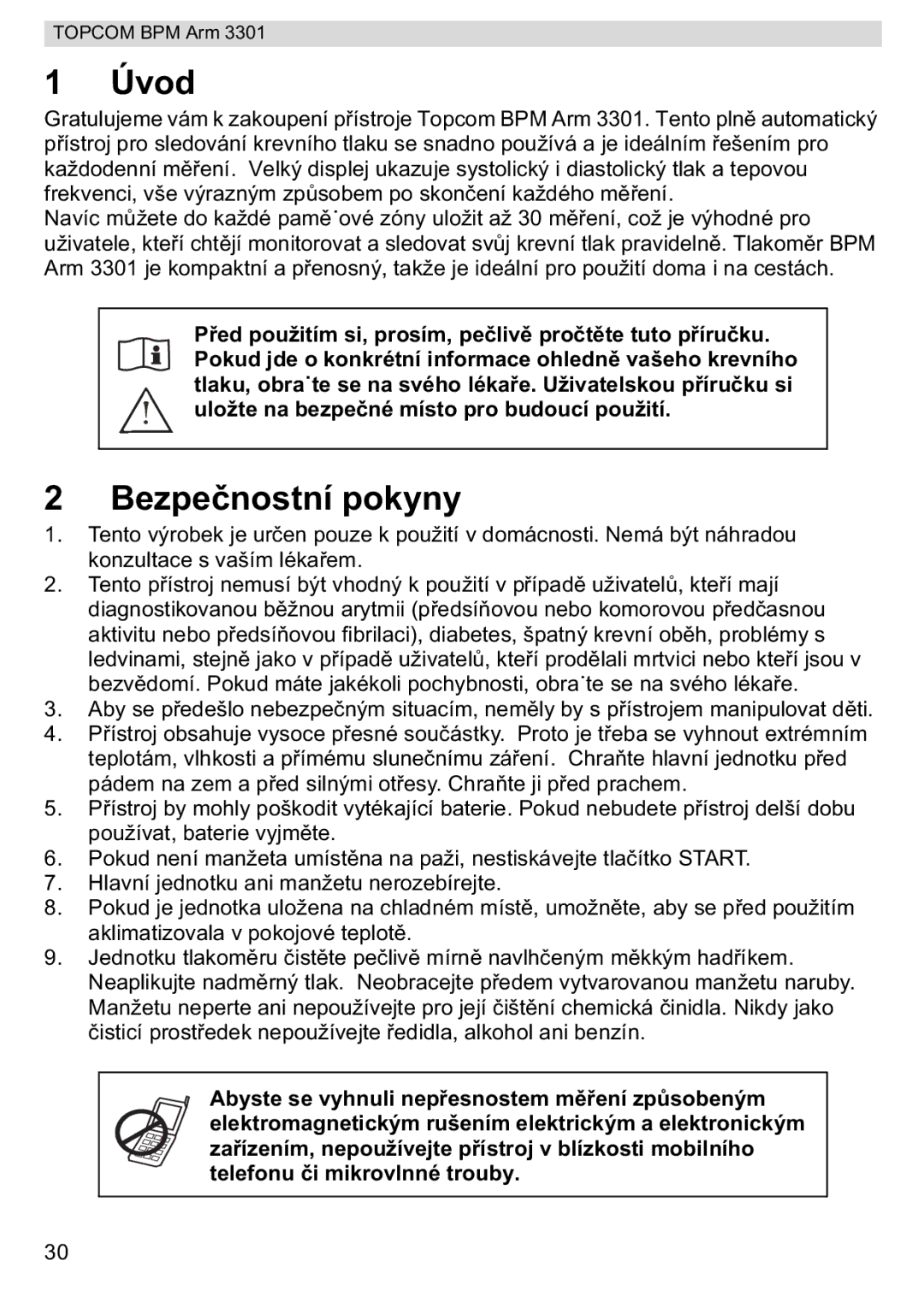 Topcom BPM ARM 3301 manual do utilizador Úvod, Bezpenostní pokyny 