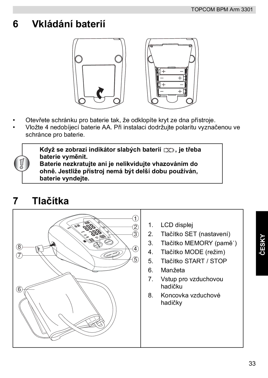 Topcom BPM ARM 3301 manual do utilizador Vkládání baterií, Tla 