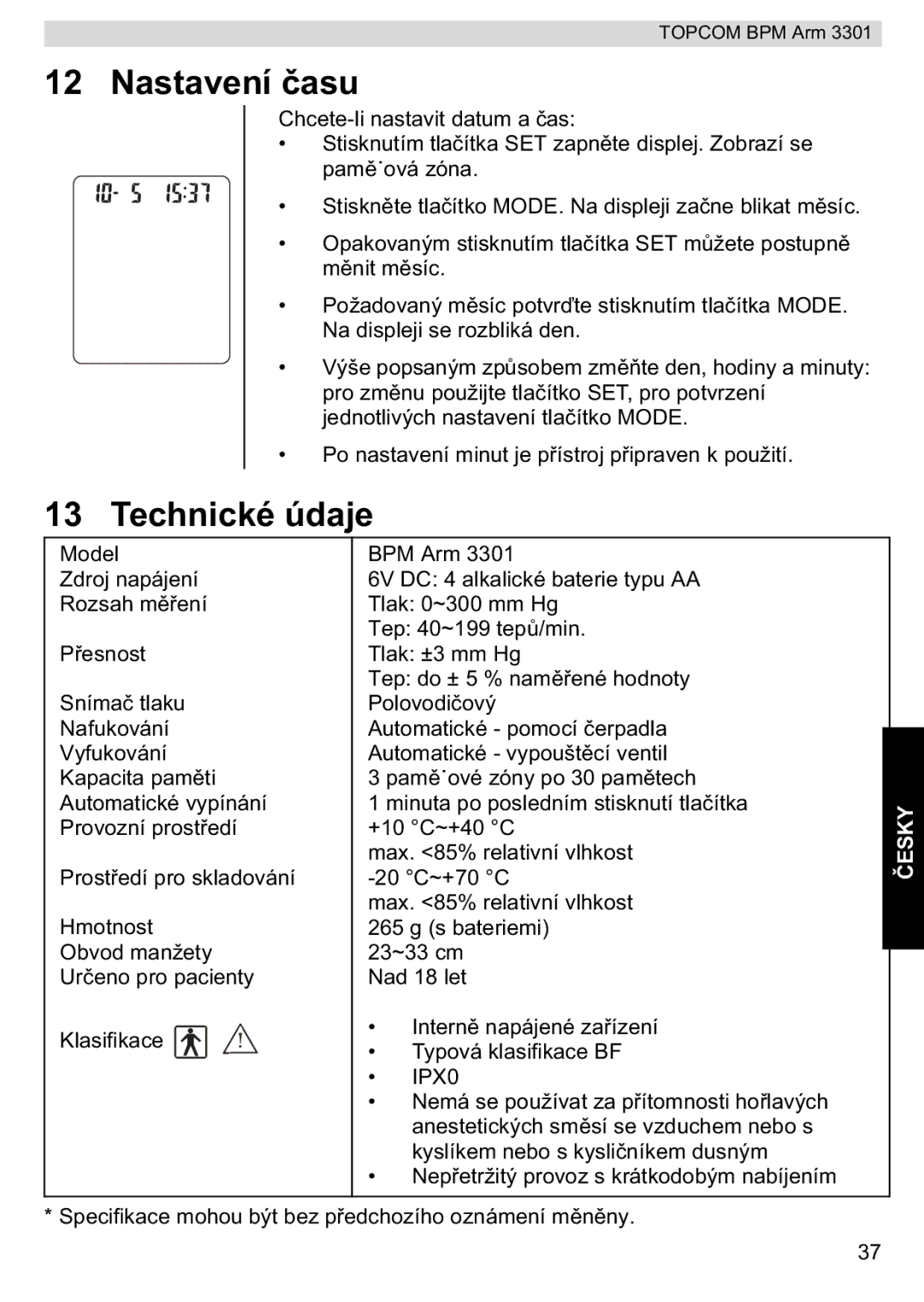 Topcom BPM ARM 3301 manual do utilizador Nastavení, Technické údaje 