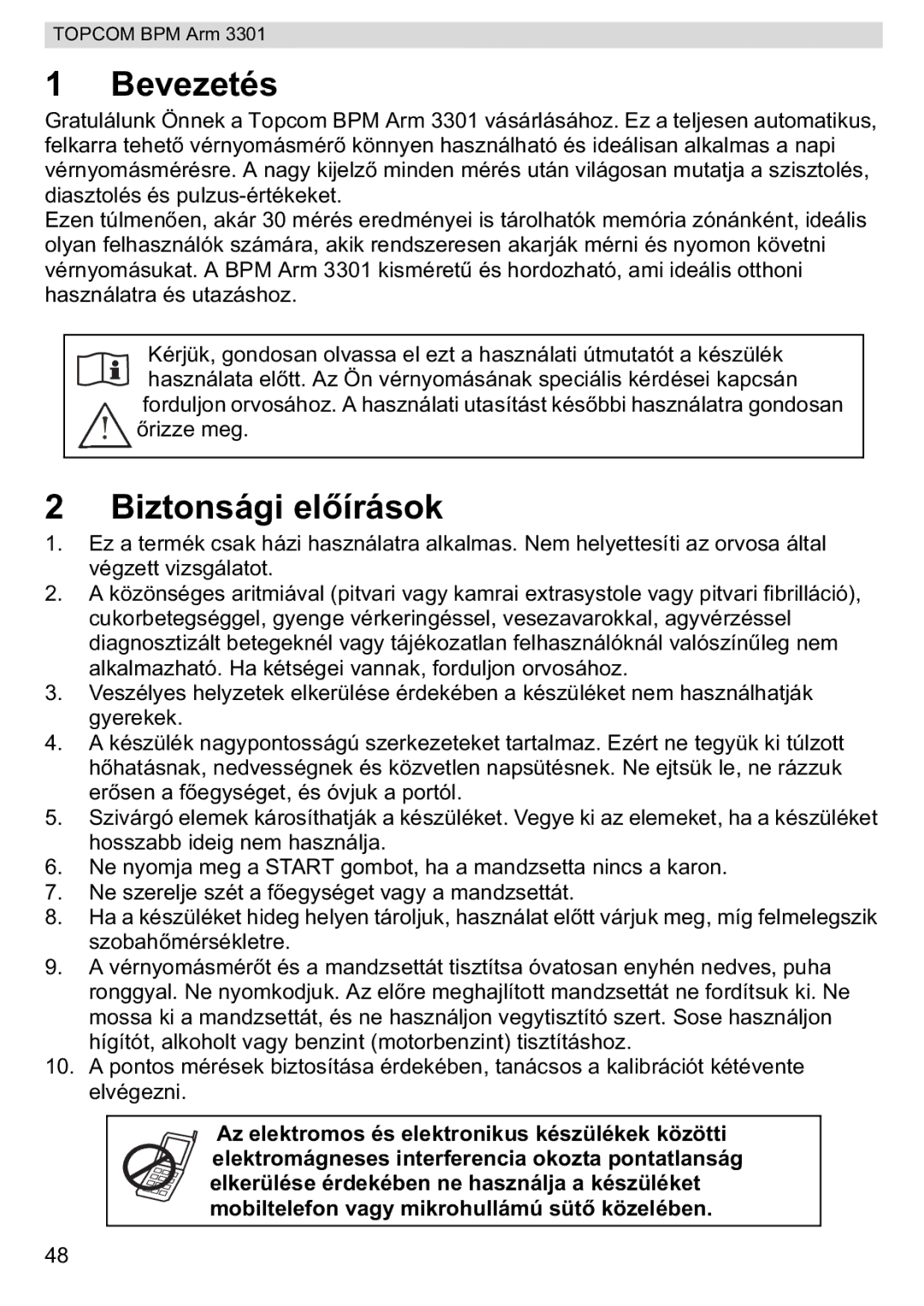 Topcom BPM ARM 3301 manual do utilizador Bevezetés, Biztonsági elok 