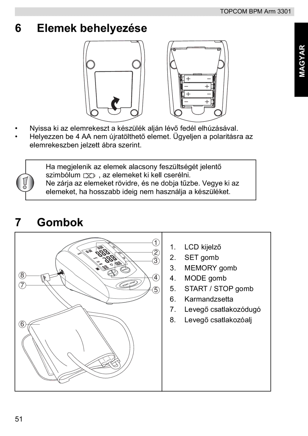 Topcom BPM ARM 3301 manual do utilizador Elemek behelyezése, Gombok 