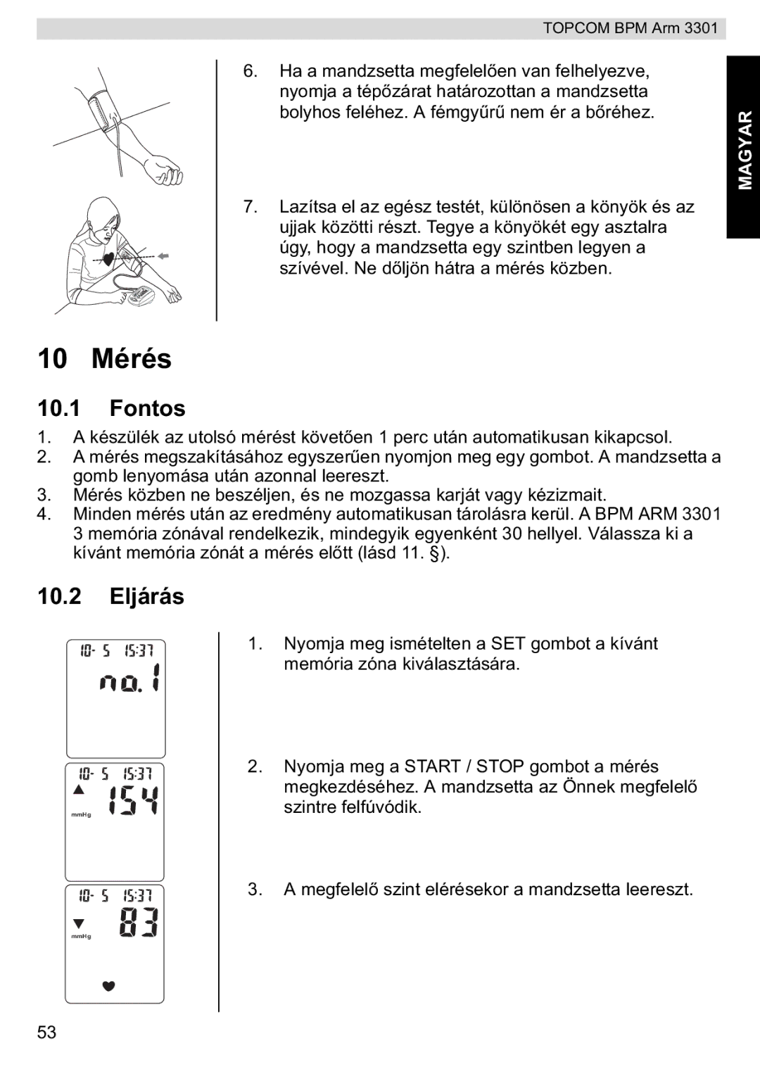 Topcom BPM ARM 3301 manual do utilizador 10 Mérés, Fontos, 10.2 Eljárás 